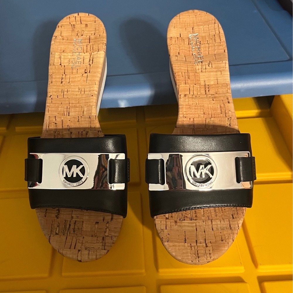 Michael Kors Black Leather Cork Wedge Platform Slide Sandals Silver MK Logo 7M